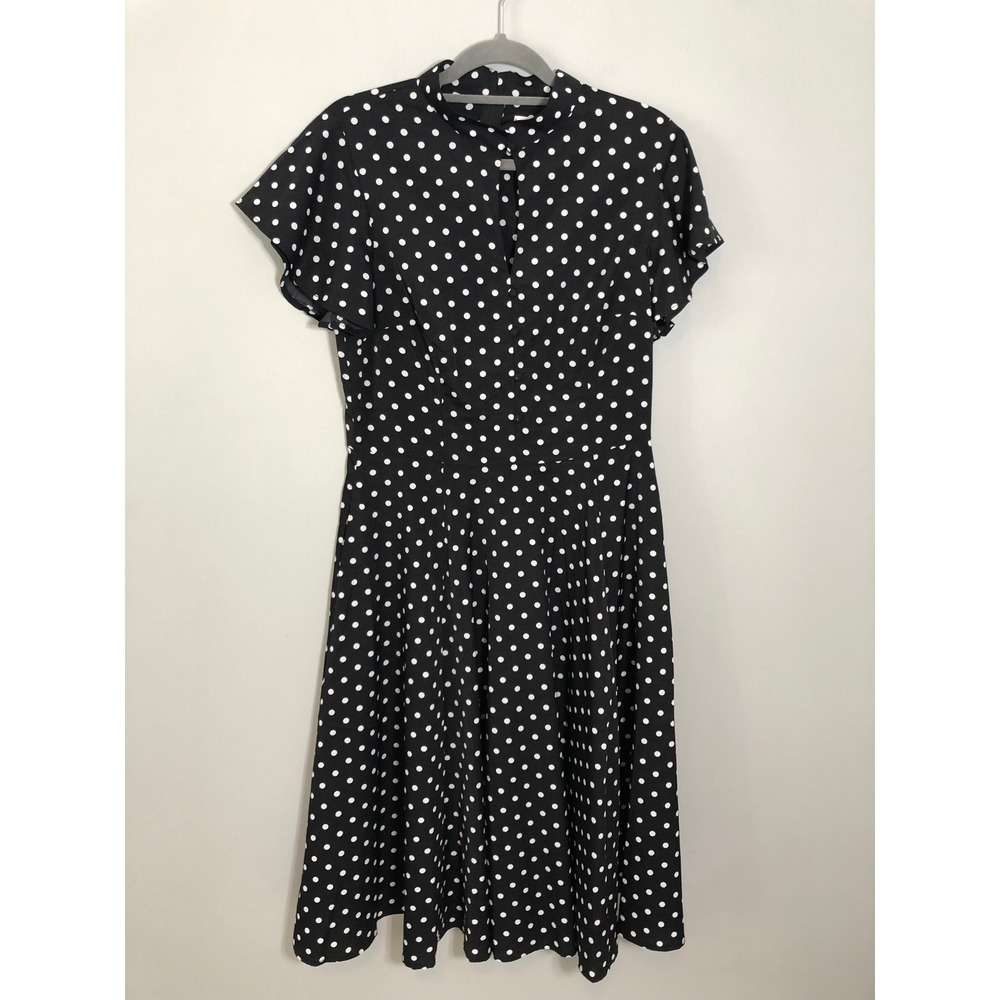 Unique Vintage Midi Dress Women L Black White Polka Dot Flutter Sleeve Keyhole